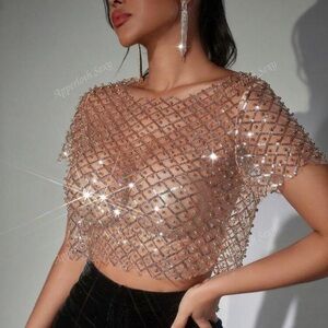 Rave Sparkling Sequin Faux Pearl Beads Mesh See-Through Club Party Crop Top